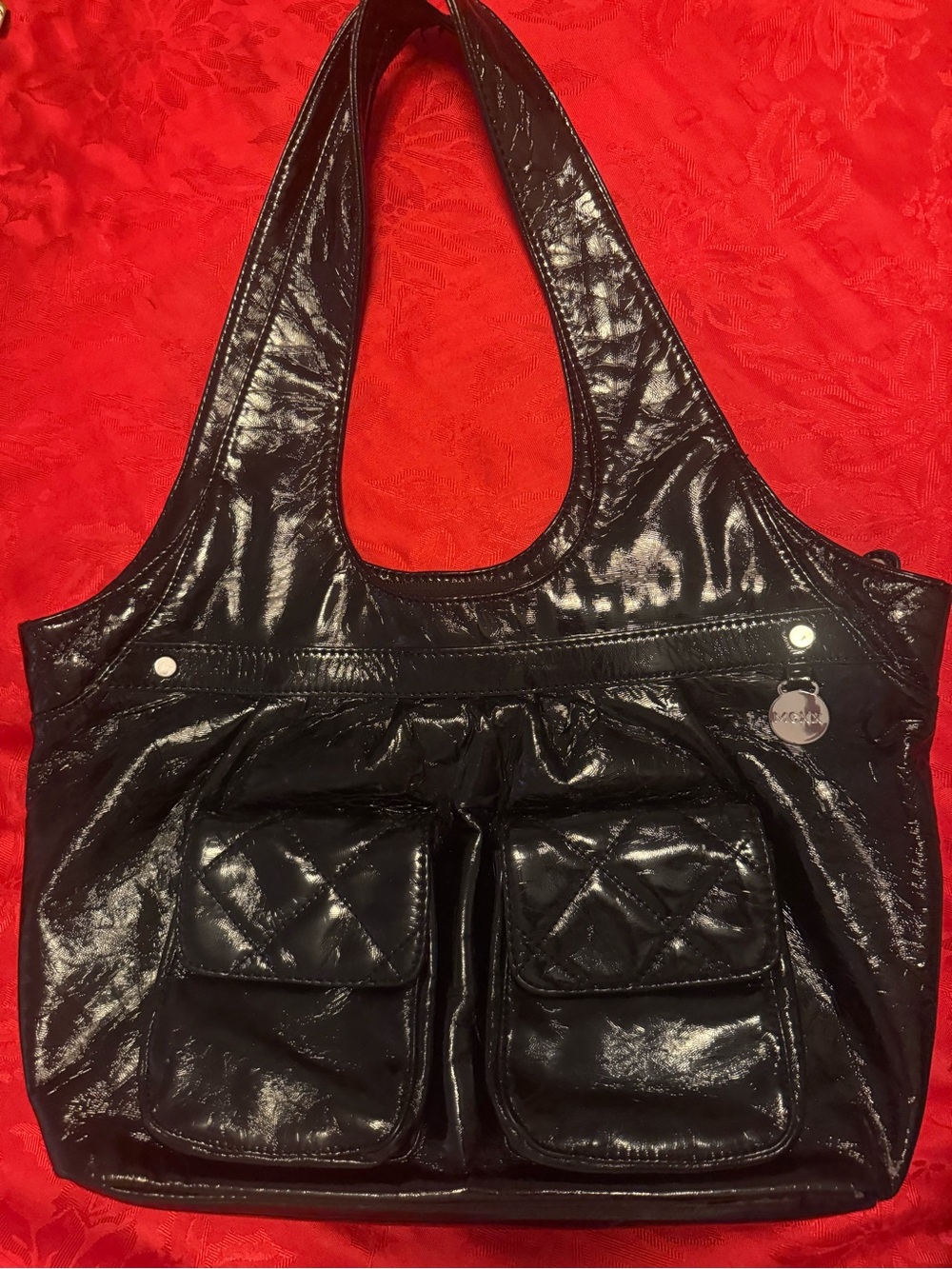 Mexx Black Patent Shoulder Bag with Dual Front Pockets